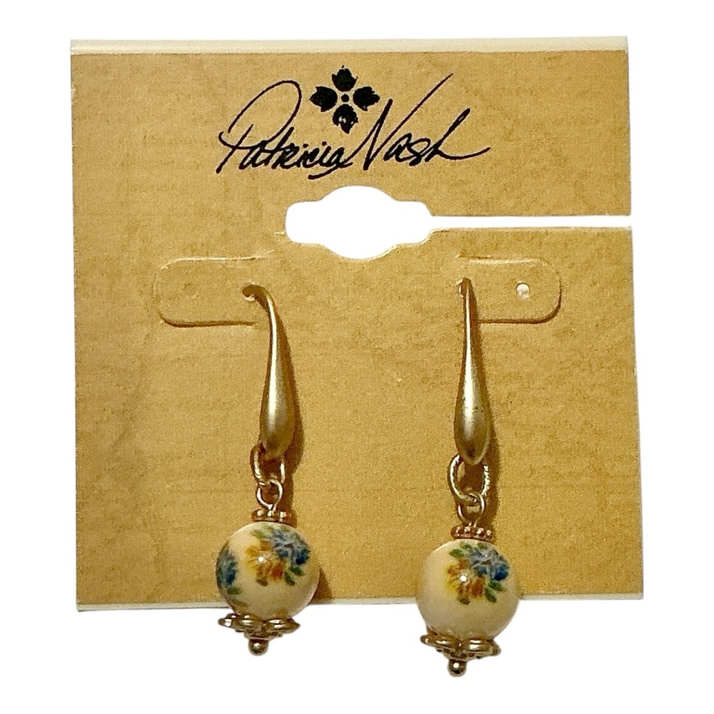Patricia Nash Brushed Egyptian Gold Tone Floral Drop Bead Earrings Blue Caramel